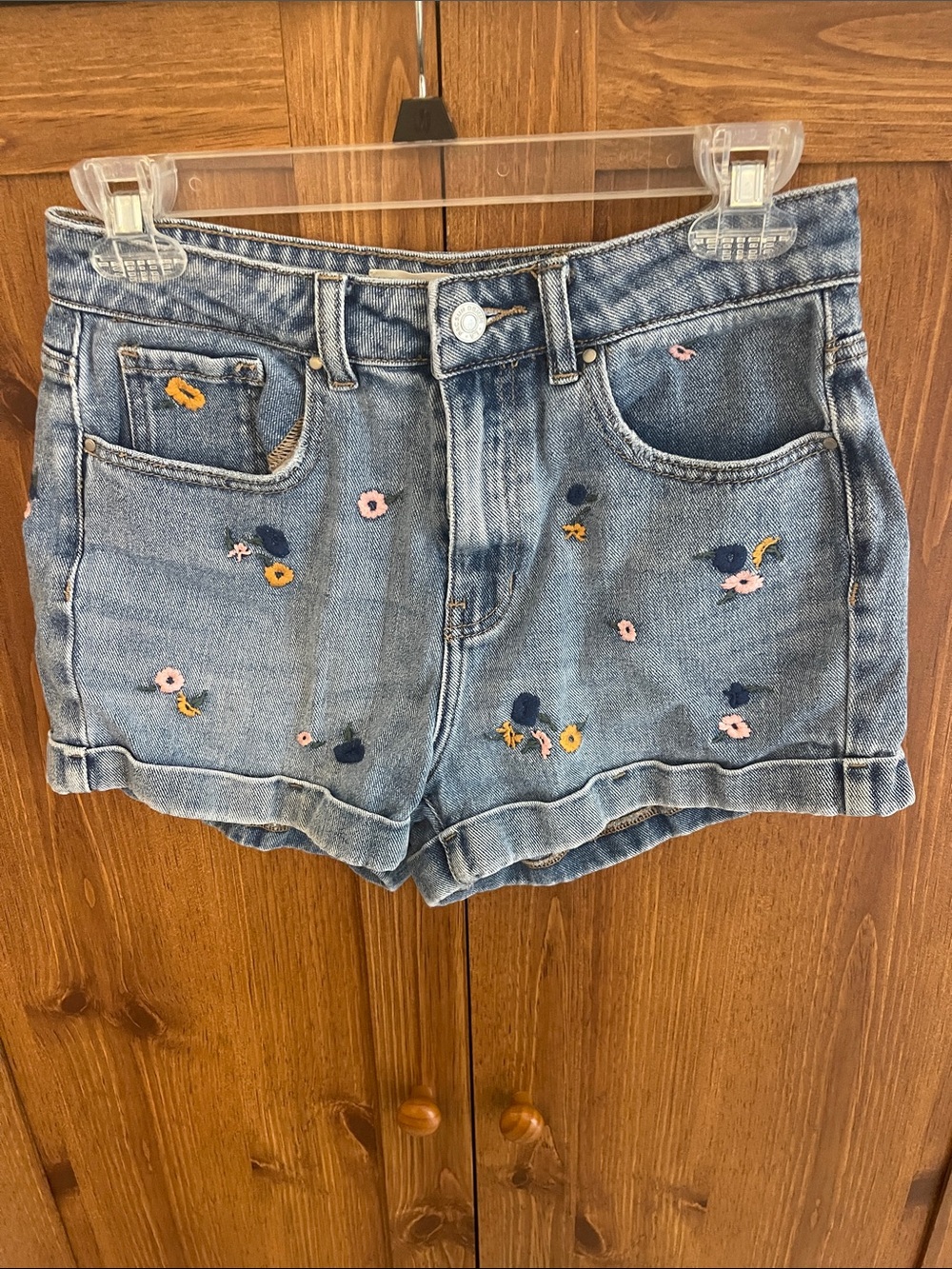 PacSun Light Blue Denim Shorts with Pink & Navy Floral Embroidery